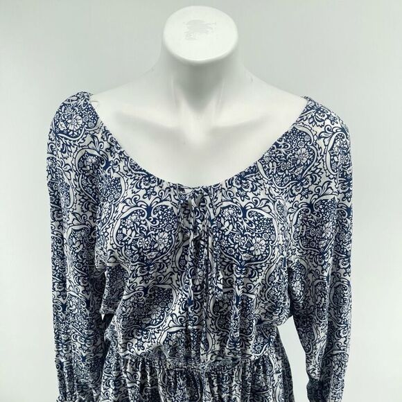 Mystree Blue White Paisley Boho Peasant Dress Large – Off Shoulder Long Sleeve - Picture 3 of 14